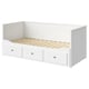 White HEMNES day-bed with three drawers, wooden slatted base, vertical panel design.