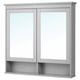 Option: The HEMNES mirror cabinet is light grey, rectangular, with two mirrored doors and a tempered glass shelf.