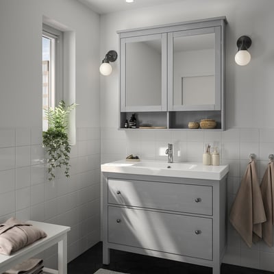 Modern grey bathroom setup. HEMNES vanity, mirror cabinet, towels & plants. Vanity fits between mirror and window.