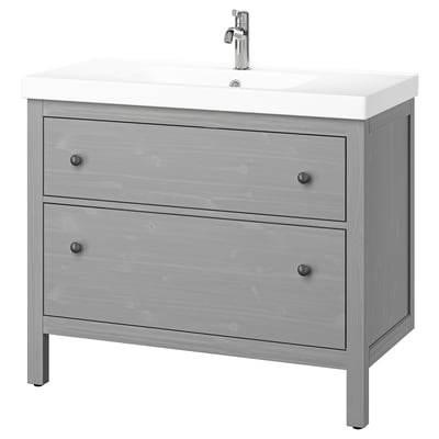 Modern grey 3-drawer vanity, wooden finish, clean lines, ceramic basin, chrome tap.