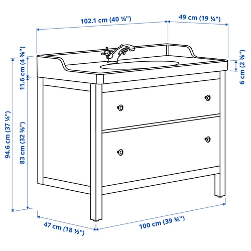 Illustration with measurements for the product: HEMNES.