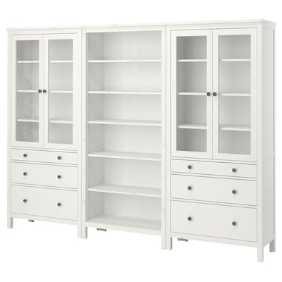 White HEMNES storage combo with glass doors, solid pine wood, adjustable shelves, traditional design.