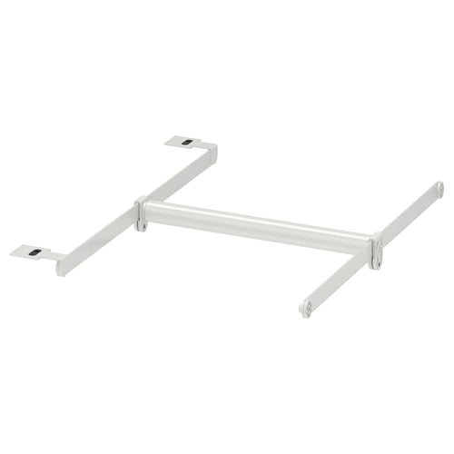 The HJÄLPA adjustable clothes rail is white, made of steel and plastic, hooks for mounting, and is designed for organizing clothes in storage systems.