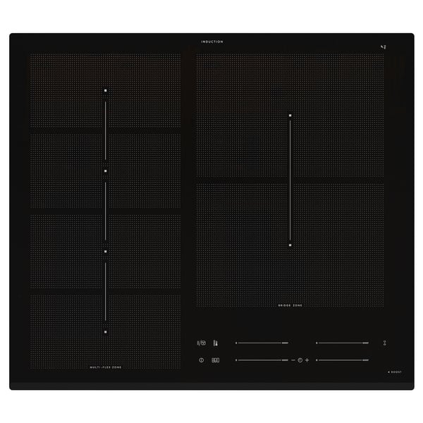 Black glass induction cooktop with four cooking zones, touch controls, and sleek design.