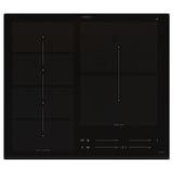 Black glass induction cooktop with four cooking zones, touch controls, and sleek design.