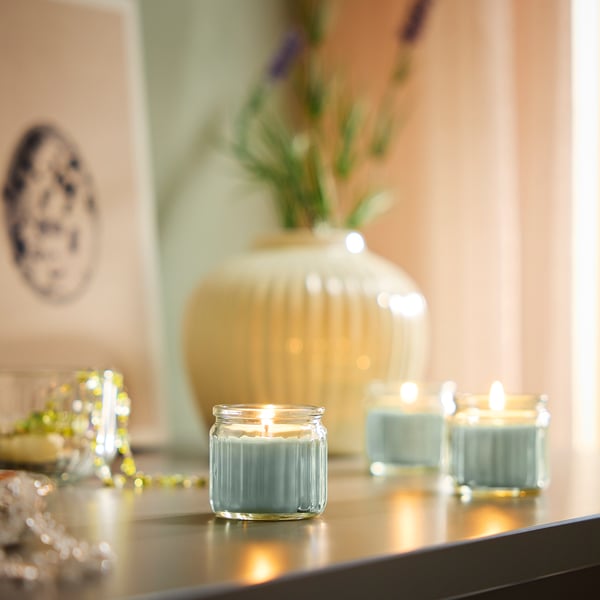 Apple-scented candles in clear glass on reflective surface, with greenery in large vase.