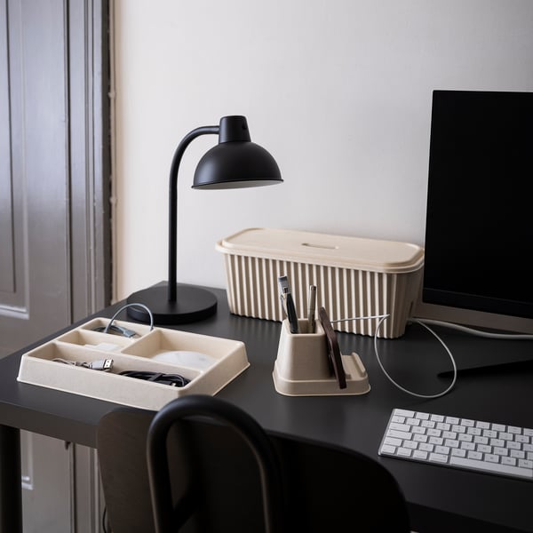 HÖNSNÄT, beige, phones/pen holder, desk. Small box by lamp & keyboard, fits in tight spaces.
