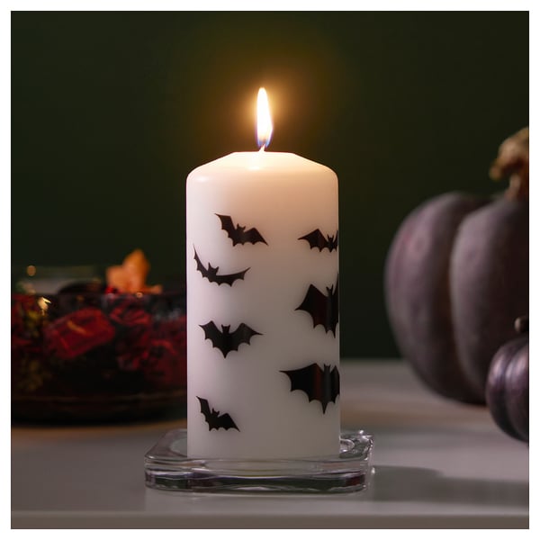 HÖSTAGILLE Unscented pillar candle, white/bat, 14 cm