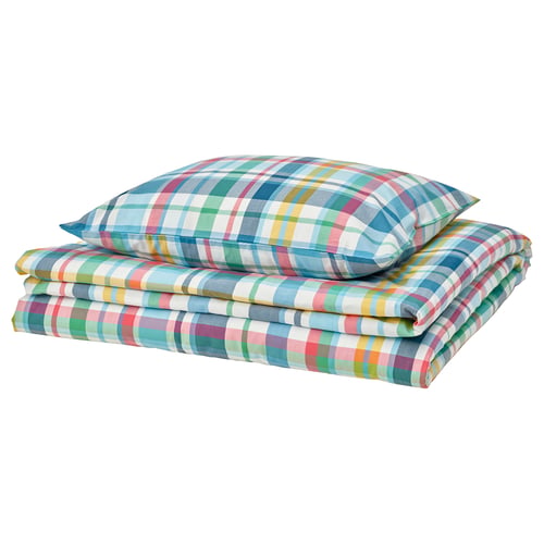Chequered duvet set in blue, green, pink, yellow. Recycled cotton and viscose.