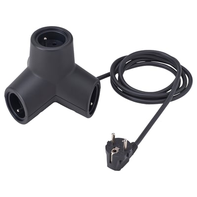 Black HORNFELS 4-way extension cord, shaped like a t, made from recycled polycarbonate and silicone, ideal for multiple devices.