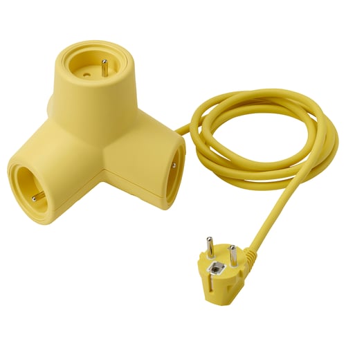 Bright yellow 4-way extension cord; angled design, made of recycled polycarbonate plastic, for use with various devices.
