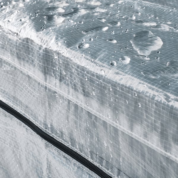 Close-up of water droplets beading on a transparent grid cover, showcasing its water-resistant feature.