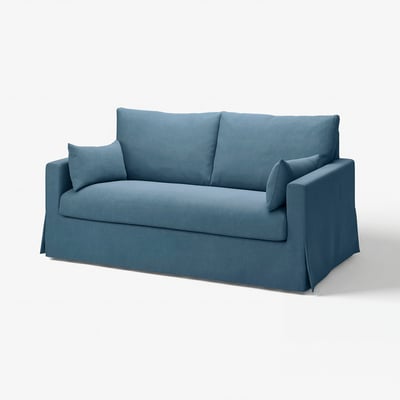 Blue upholstered 2-seater sofa with clean lines and soft cushions.