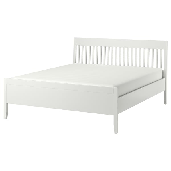 White IDANÄS bed with sleek, slatted headboard and footboard, clean lines, sturdy wooden frame, and elevated legs.