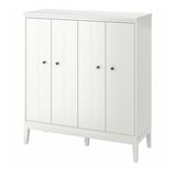 An IDANÄS white cabinet with four folding doors, standing on four legs, offering a modern and timeless design.