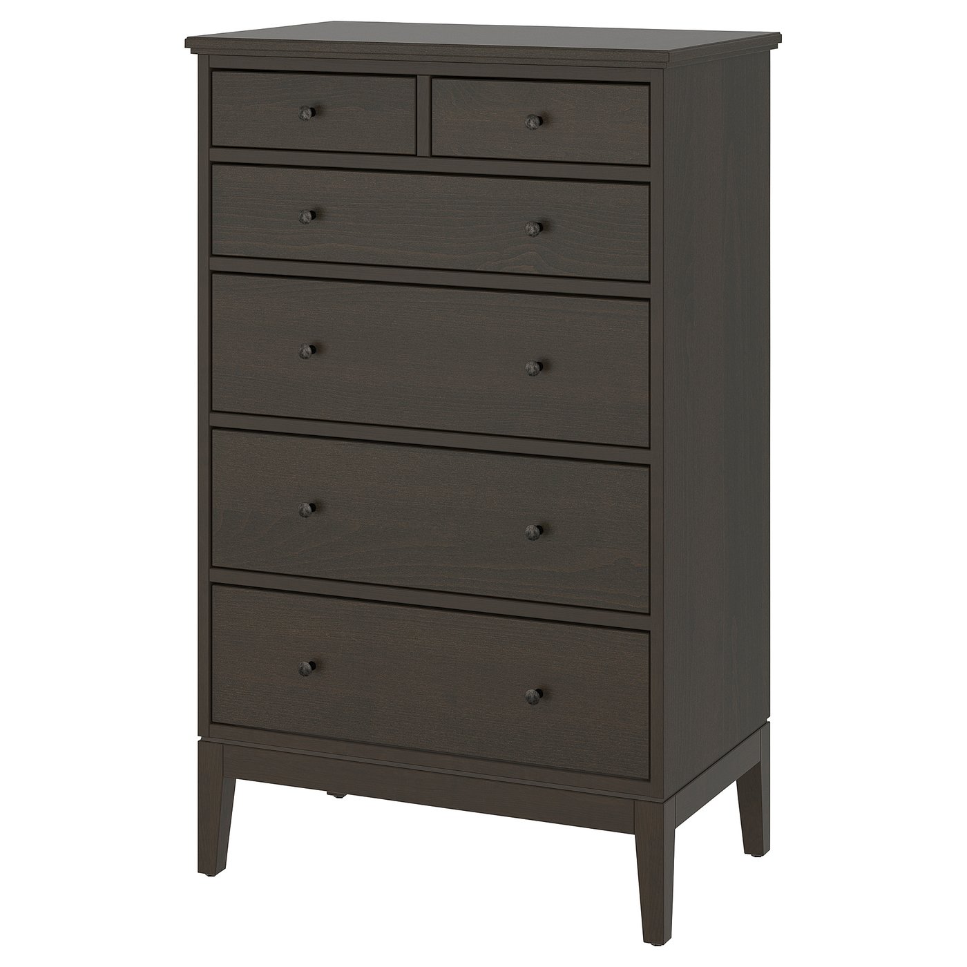 The IDANÄS chest in dark grey wood has six drawers with soft-close and varying depths for ample storage.