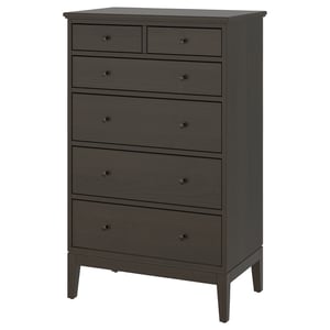 The IDANÄS chest in dark grey wood has six drawers with soft-close and varying depths for ample storage.