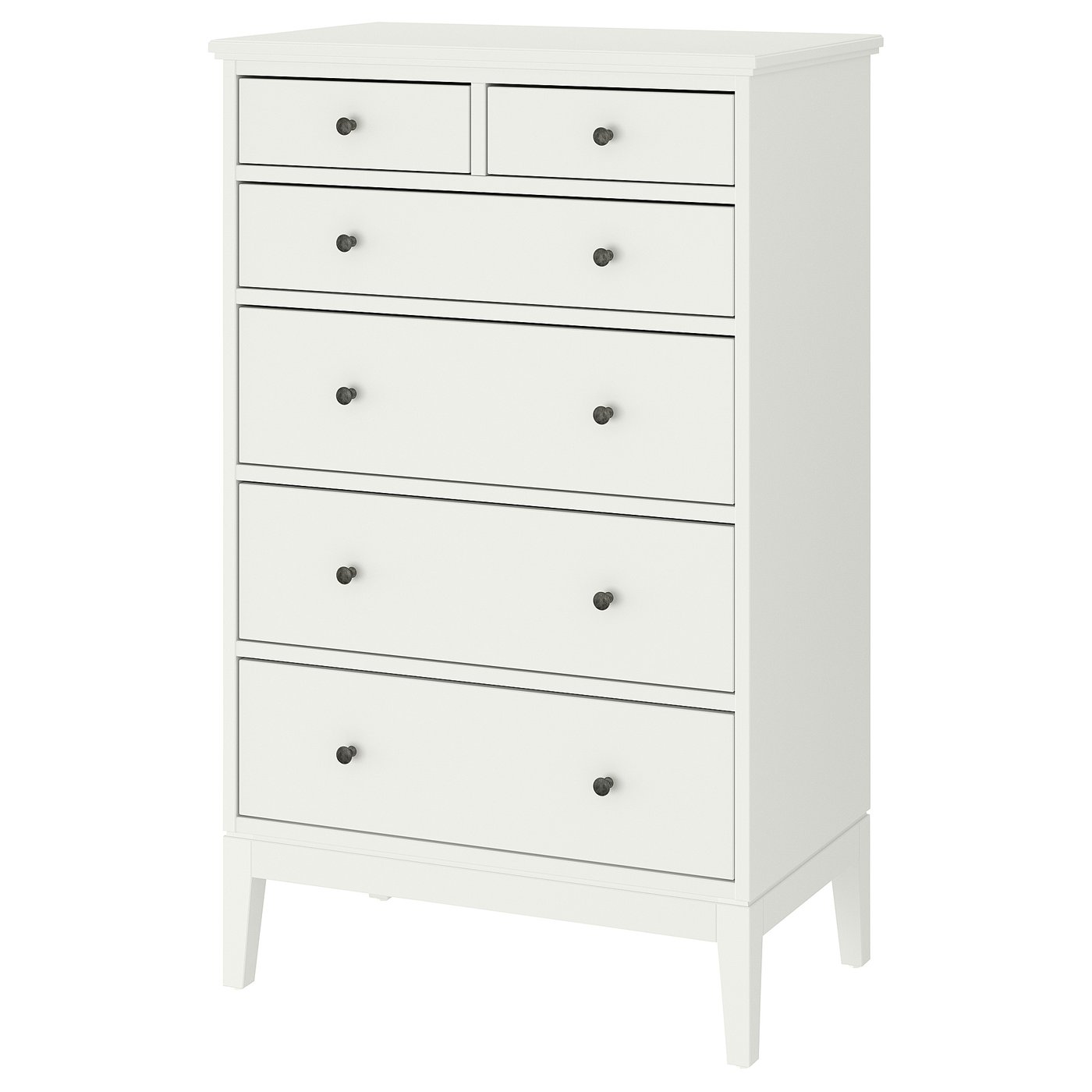 A white IDANÄS high chest of drawers with six drawers. It has a classic design with wooden knobs and slim legs, offering ample storage.
