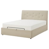 IDANÄS beige upholstered bed with tufted headboard, linen-like, ottoman storage.