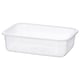 Clear plastic rectangular food storage container by IKEA 365+, designed for leftovers, durable and stackable.