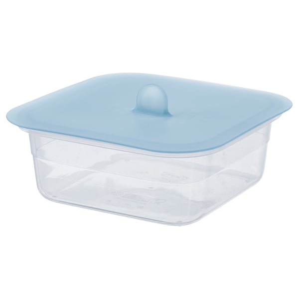IKEA 365+ clear plastic container with blue silicone lid, rectangular shape, vacuum-sealing for fresh food storage.