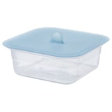 IKEA 365+ clear plastic container with blue silicone lid, rectangular shape, vacuum-sealing for fresh food storage.