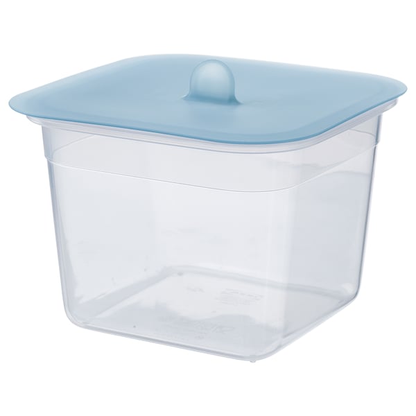An IKEA 365+ clear plastic square food container with a blue silicone lid.