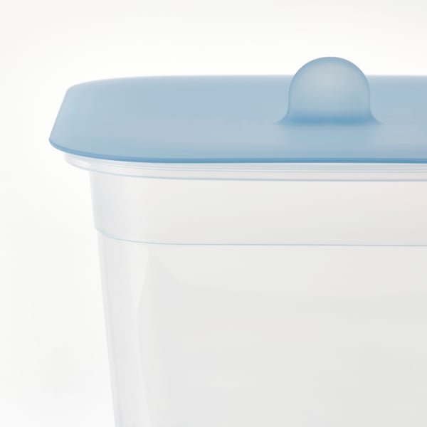 Clear plastic container with secure blue lid, designed to preserve food freshness.