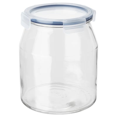 IKEA 365+ clear glass jar with snap-lock lid, transparent, cylindrical, odor resistant.