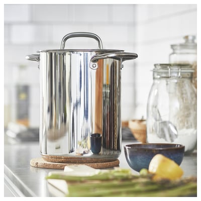 Shiny kitchenware on counter. Minimalist.