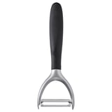 Black ikea peeler with silver blade and ergonomic handle.