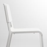 A sleek white plastic chair with smooth edges and a minimalist design, featuring a slightly curved backrest and sturdy metal legs.