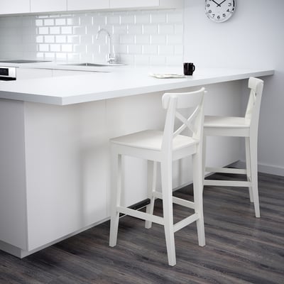 Modern kitchen with white bar stools, footrests, and counter. Black mug and clock on the counter.