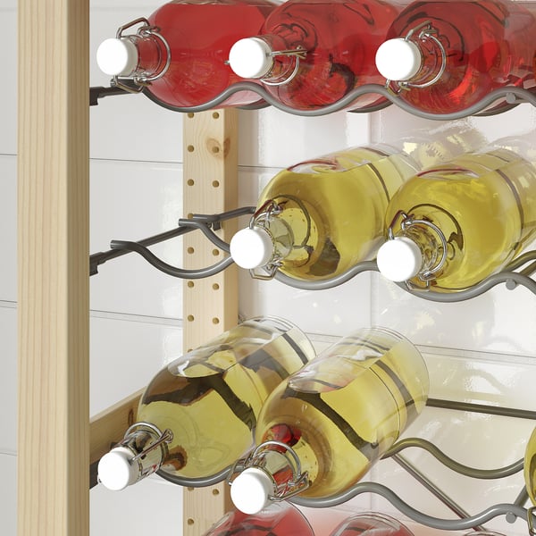 IVAR wine rack stores bottles securely, organizing them horizontally on sturdy metal clips.