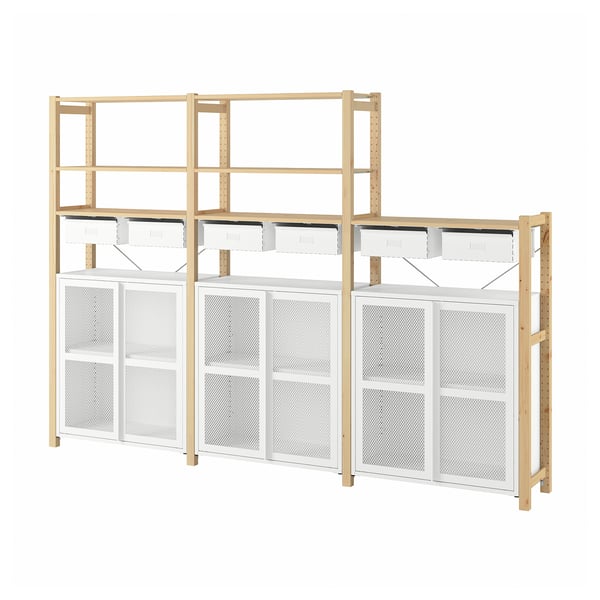 IVAR storage system: light wood, white mesh drawers, open shelves, rectangular.