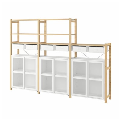 IVAR storage system: light wood, white mesh drawers, open shelves, rectangular.
