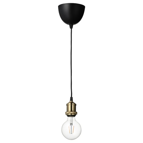 Jallby pendant lamp: black textile cord, brass socket, bulb with visible filament.