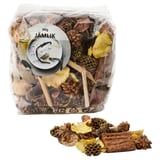 Clear plastic bag filled with brown and yellow dried plant pieces labeled JÄMLIK for home fragrance.