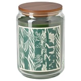 Green glass candle jar with wooden lid, pine forest design, natural scent.