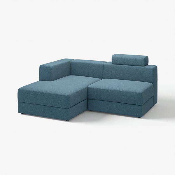 Modern, blue, modular sofa set with chaise, clean lines, soft comfort.