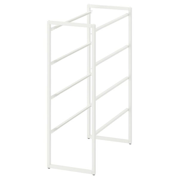 White JONAXEL metal rack, modern design, multiple shelves, steel construction, powder-coated, ideal for bathrooms.