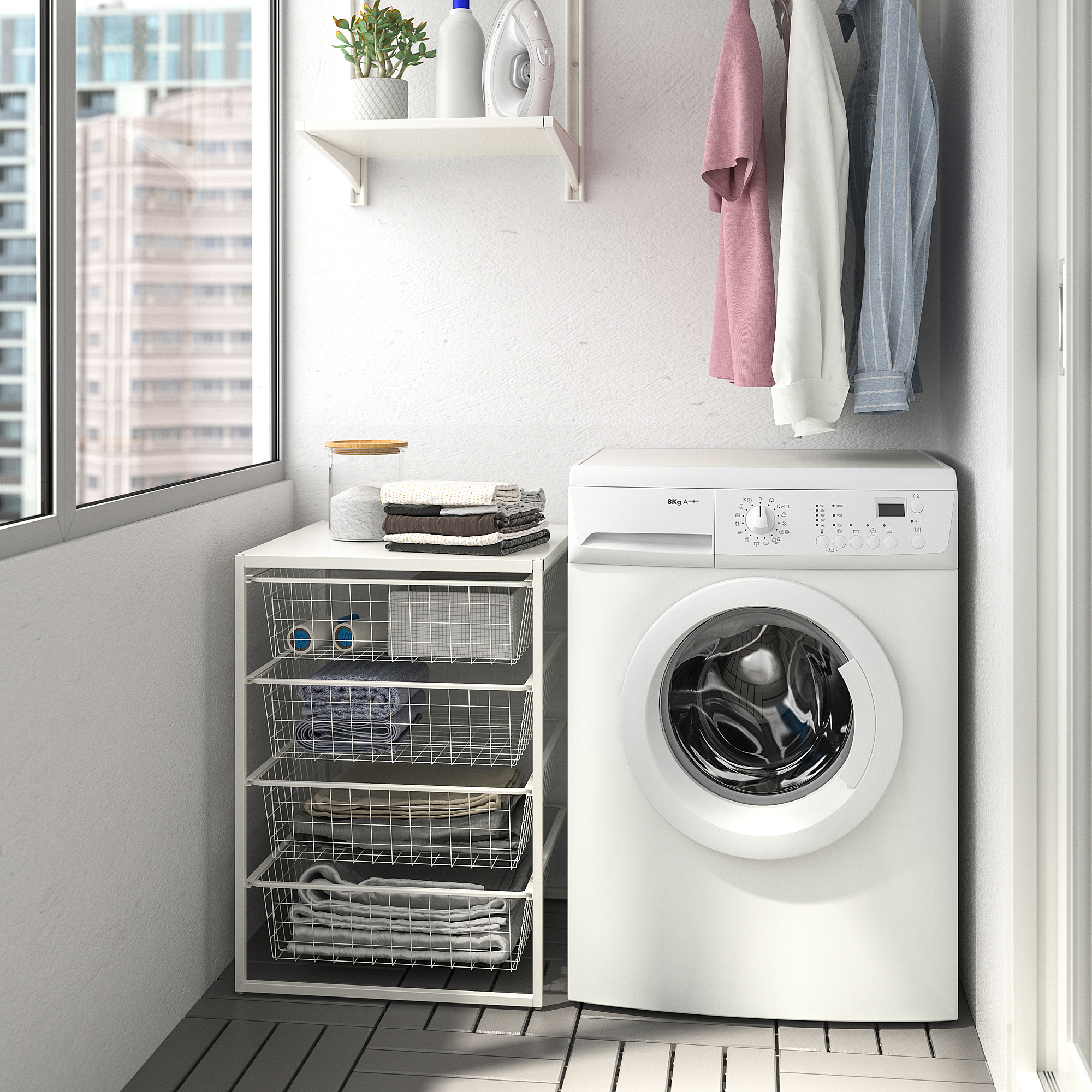 JONAXEL white storage unit beside washing machine, perfect for small spaces.