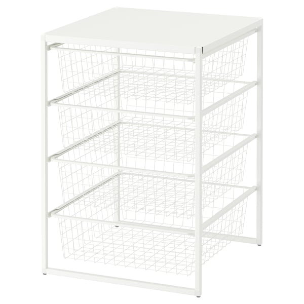 JONAXEL white metal storage rack with 4 wire baskets, sleek, modern design.