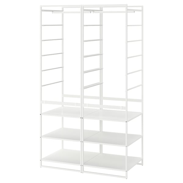 A white JONAXEL storage system with multiple shelves and hanging rods for organizing clothes and accessories.