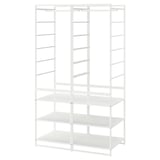 A white JONAXEL storage system with multiple shelves and hanging rods for organizing clothes and accessories.
