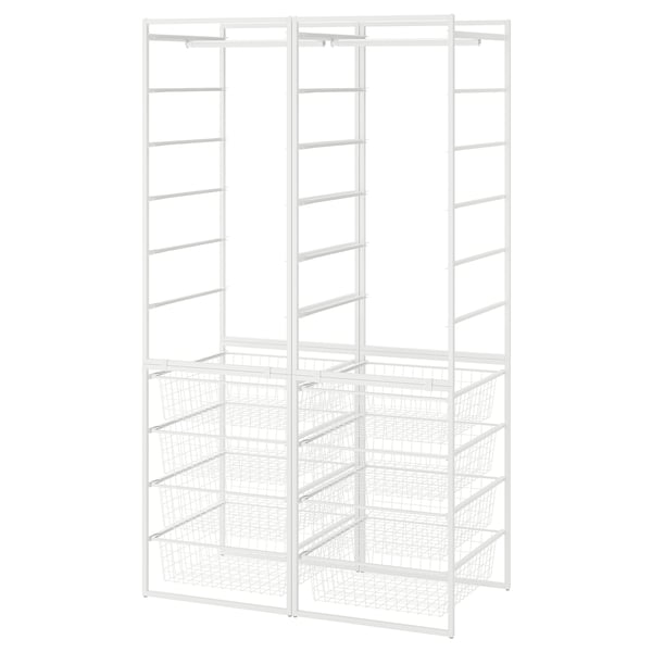 A white JONAXEL storage unit, featuring multiple shelves and hanging rails, ideal for organizing clothes and accessories.