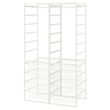 A white JONAXEL storage unit, featuring multiple shelves and hanging rails, ideal for organizing clothes and accessories.