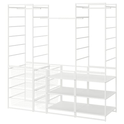 A white JONAXEL storage system with shelves and wire baskets, perfect for organizing clothes and accessories.