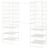 The JONAXEL white storage system, featuring wire baskets and shelves, ideal for organized storage in various rooms.