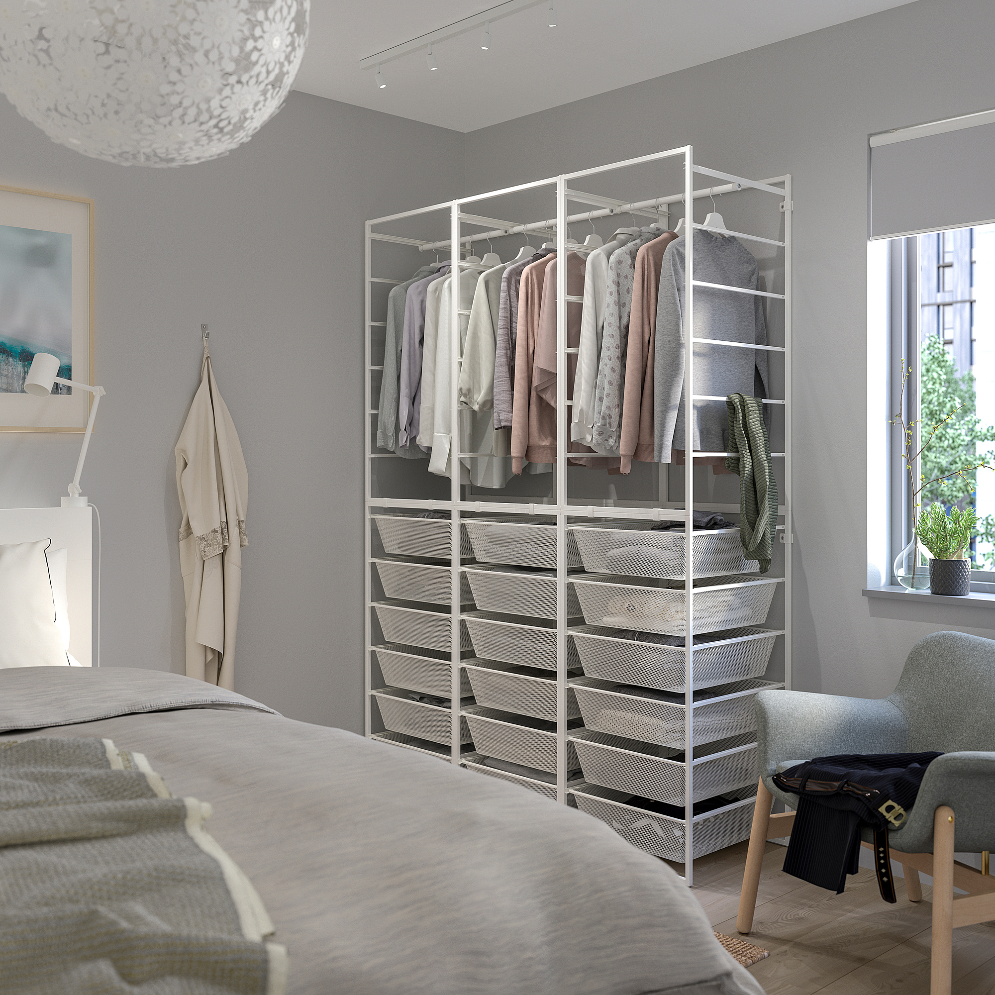 Modern bedroom with JONAXEL storage system, shelves, bed, chair, large wardrobe.